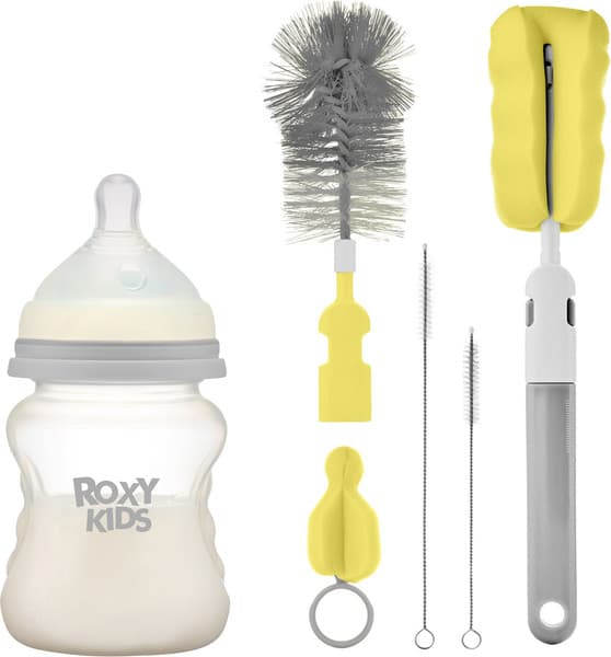 Бутылочка для кормления ROXY-KIDS Средний поток 3+ / RBTL-002-BGR с ершиками / RFD-007-Gr