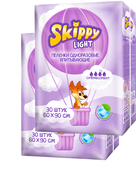 Набор пеленок одноразовых детских Skippy Light впитывающих с суперабсорбентом 90x60