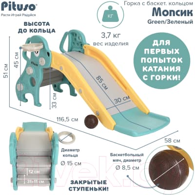 Горка-комплекс Pituso Мопсик с баскетбольным кольцом / FE-HT-XG0-green 9