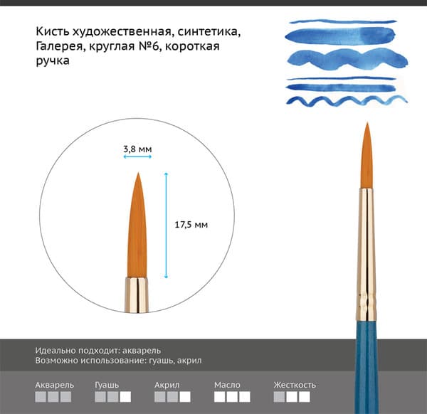 Кисть для рисования ГАММА Галерея. Синтетика №6 / 302006 2