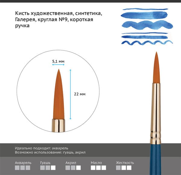 Кисть для рисования ГАММА Галерея. Синтетика №9 / 302009 2