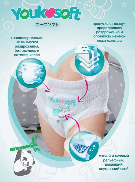 Подгузники-трусики детские Youkosoft Универсальные премиум 15+ XXL