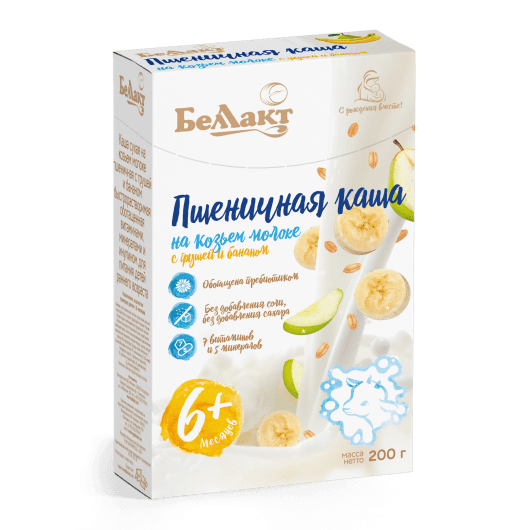 Каша пшеничная с грушей и бананом на козьем молоке «Беллакт», 200 г.