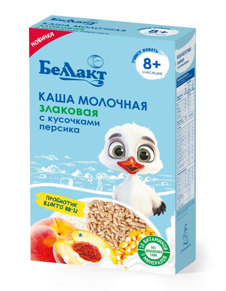 Каша на зерно-молочной основе злаковая с кусочками персика «Беллакт», 200 г