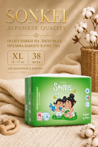 Подгузники детские SONKEI Super Thin XL 12-17кг 2
