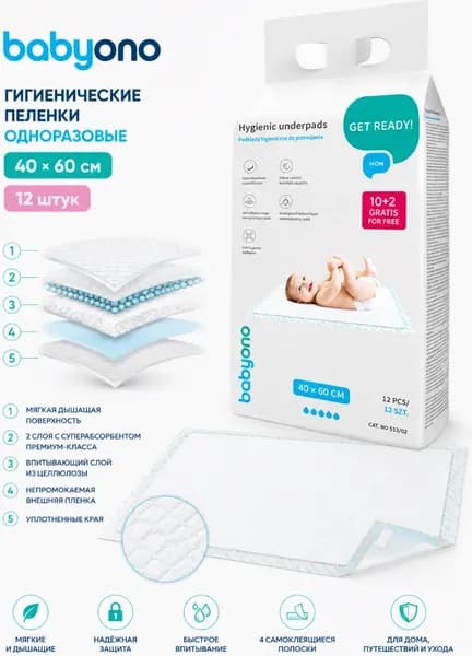 Набор пеленок одноразовых детских BabyOno 40x60см / 513/12 2