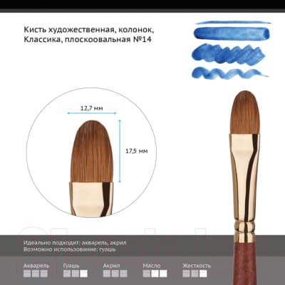 Кисть для рисования ГАММА Классика плоскоовальная №14 / 203014 3