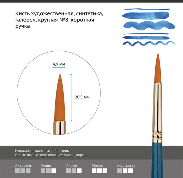 Кисть для рисования ГАММА Галерея. Синтетика №8 / 302008 2